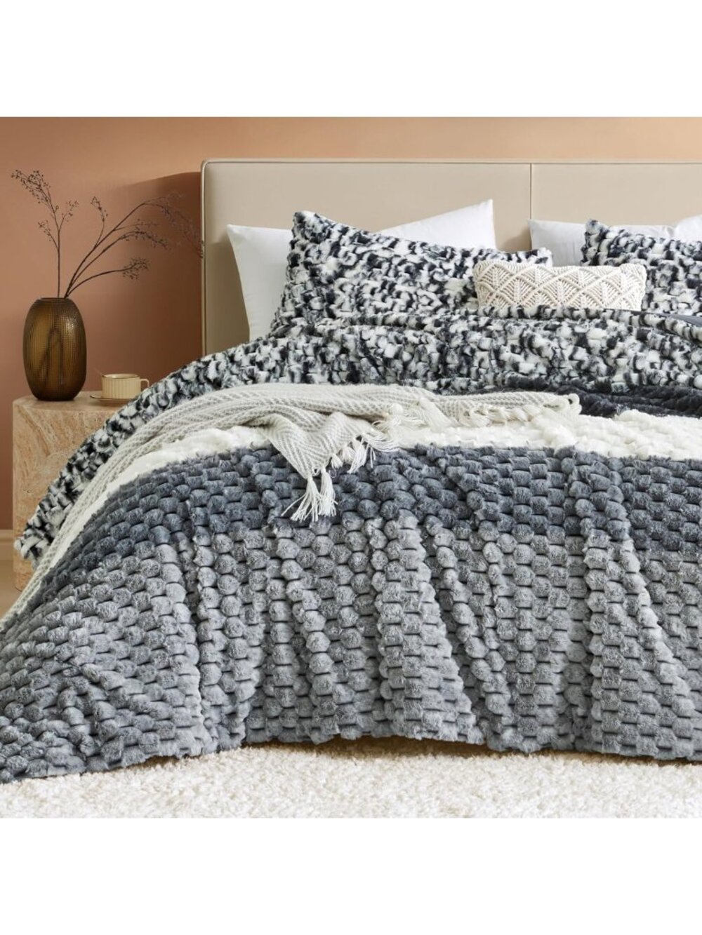 Cozy Black & White Striped Fluffy King Comforter Set - Ultra-Soft Faux Fur